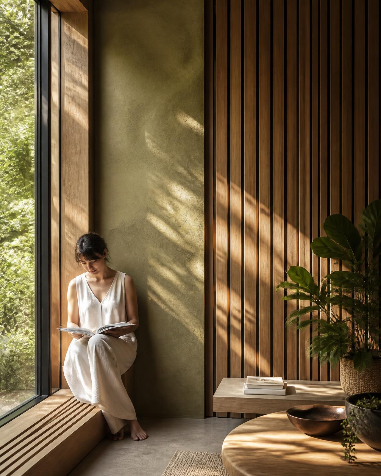 Woman reading by a sunlit window in a calm oak and plaster interior